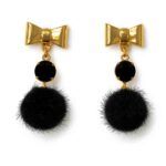 Pendientes Coquette Noir con lazo dorado, cristal negro y pompón suave negro – Turquesa y Más