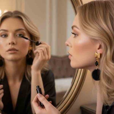 Modelo aplicando máscara de pestañas mientras luce los Pendientes Coquette Noir con lazo dorado y pompón negro.