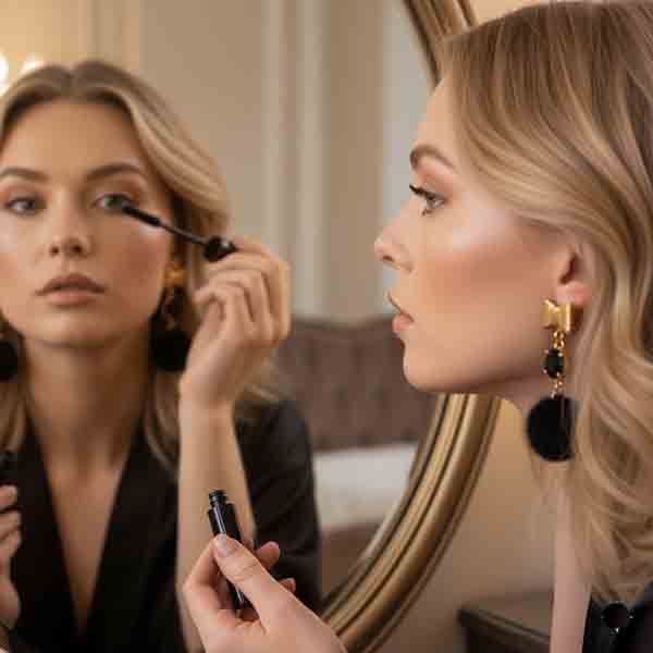 Modelo aplicando máscara de pestañas mientras luce los Pendientes Coquette Noir con lazo dorado y pompón negro.