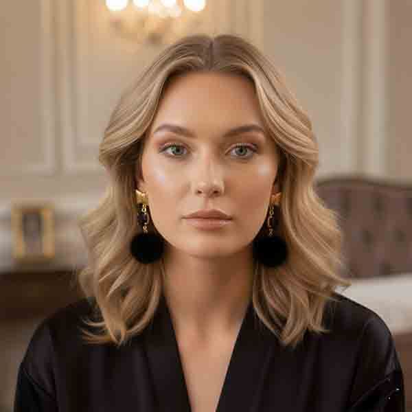 Modelo rubia luciendo los Pendientes Coquette Noir con lazo dorado, cristal negro y pompón suave negro, en un look elegante.
