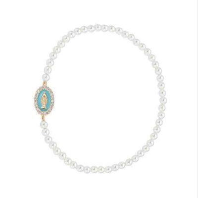 Pulsera de perlas con medalla Milagrosa dorada esmaltada en verde agua