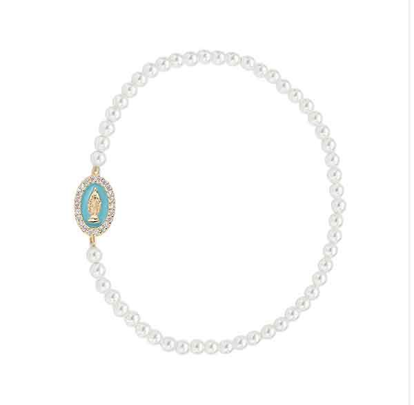 Pulsera de perlas con medalla Milagrosa dorada esmaltada en verde agua