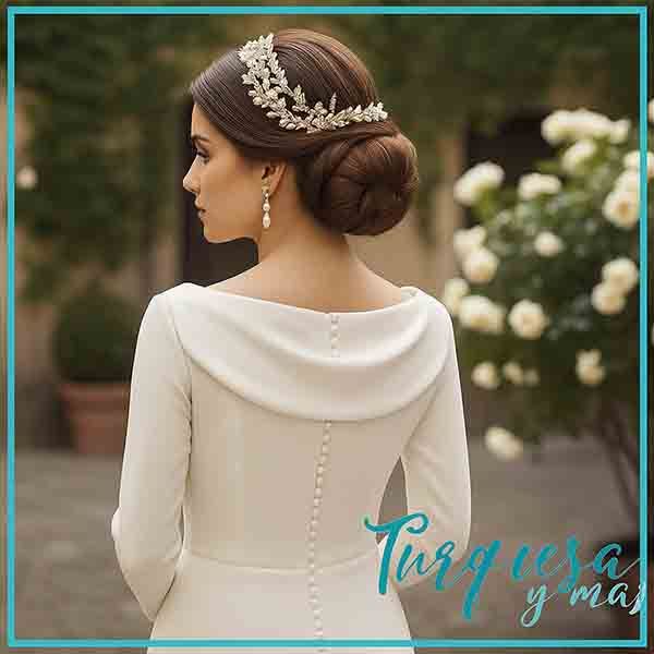 Tocado de novia de porcelana artesanal – Turquesa y Más Novia con recogido bajo y tocado de porcelana hecho a mano pieza a pieza