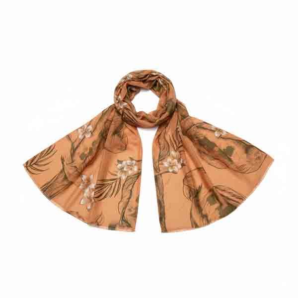 foulard Amazonas terracota con estampado floral y hojas sobre fondo blanco