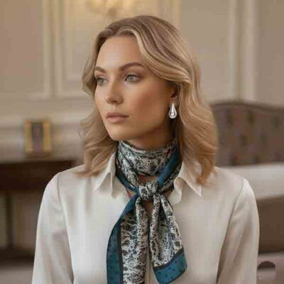 foulard Blue Python en modelo, foulard estampado serpiente con borde azul