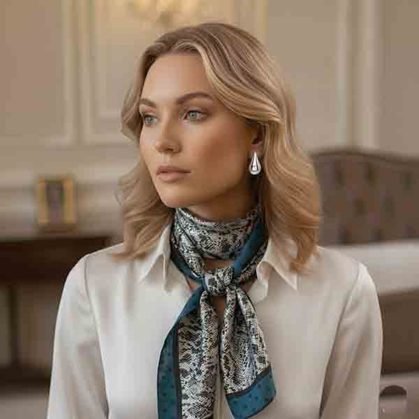 foulard Blue Python en modelo, foulard estampado serpiente con borde azul