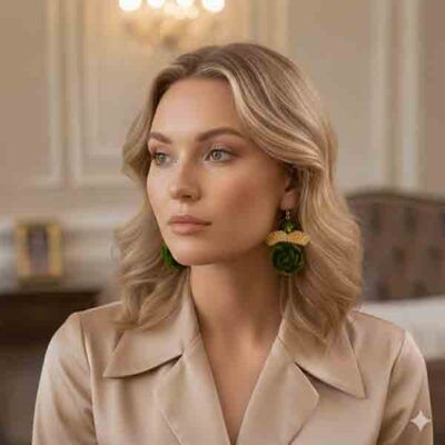 Modelo rubia luciendo los Pendientes Velvet Oliva con flor de terciopelo verde, cristal verde oliva y pieza dorada martelé, en un look elegante.