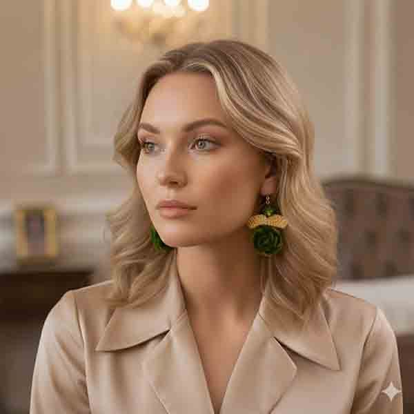 Modelo rubia luciendo los Pendientes Velvet Oliva con flor de terciopelo verde, cristal verde oliva y pieza dorada martelé, en un look elegante.