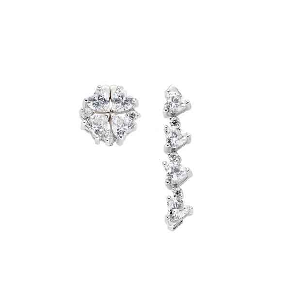 Pendientes Quadricuore 2 en 1 en plata de ley rodiada con circonitas blancas, mostrando sus dos formas de uso: mini de 8 mm y colgante de 2 cm.