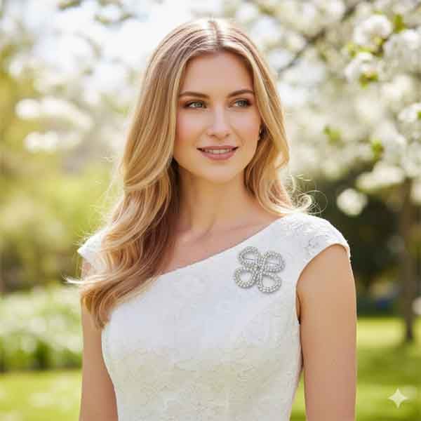 Broche de cristal con forma de lazo colocado en vestido de ceremonia claro