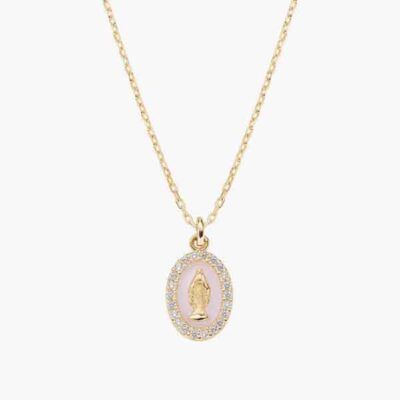 Collar Milagrosa esmaltado rosa en oro con circonitas