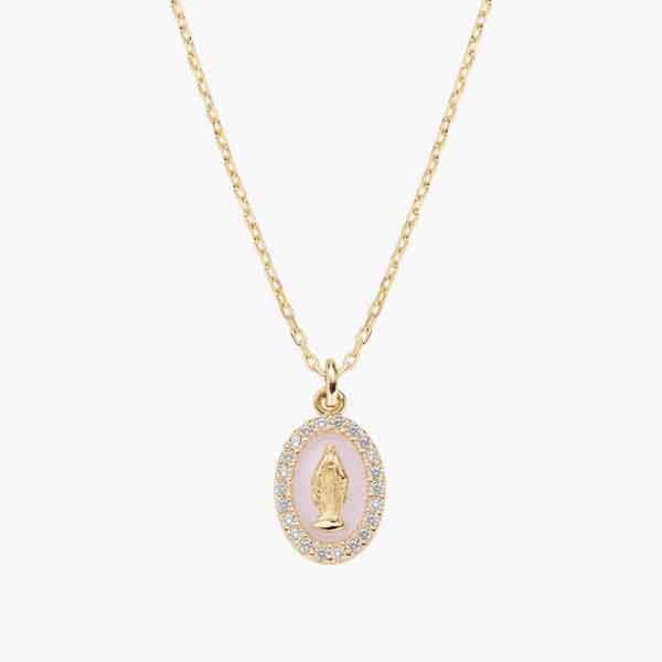 Collar Milagrosa esmaltado rosa en oro con circonitas