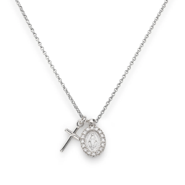 Collar cruz y Milagrosa de plata con circonitas blancas