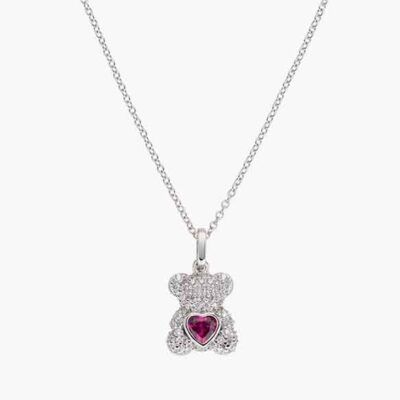 Collar osito de plata con circonitas blancas y corazón rojo