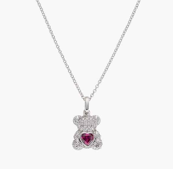 Collar osito de plata con circonitas blancas y corazón rojo