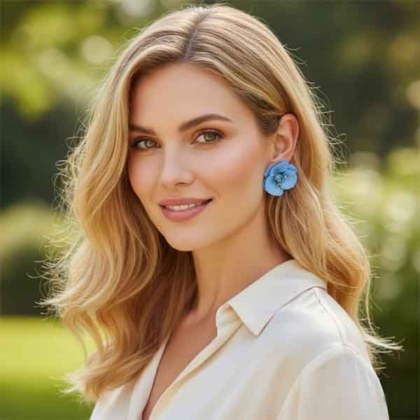 Pendientes Azucena azules de flor puestos en modelo, pendientes de bisutería para invitada y eventos