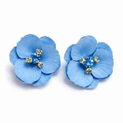 pendientes de flor azules con cristal y detalles dorados