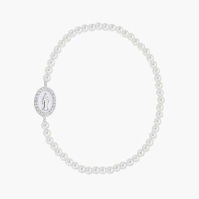 Pulsera de perlas con medalla Milagrosa en plata esmaltada blanca
