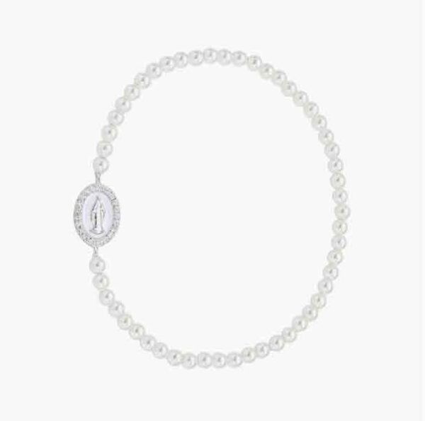 Pulsera de perlas con medalla Milagrosa plata esmalte blanco Pulsera de perlas con medalla Milagrosa en plata esmaltada blanca