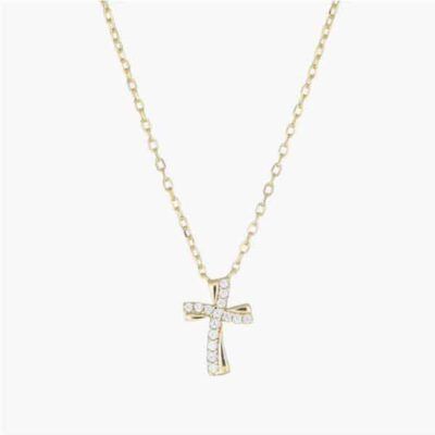 Collar cruz ondulada de oro con circonitas blancas en plata de ley