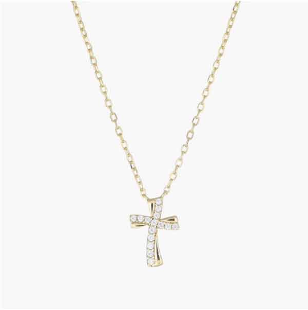 Collar cruz ondulada de oro con circonitas blancas en plata de ley