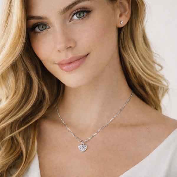 Collar de corazón pequeño en plata con circonitas blancas llevado por una modelo, diseño delicado y elegante