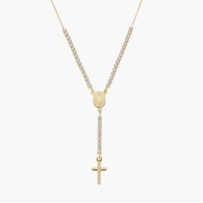 Collar rosario dorado de plata de ley con circonitas blancas, medalla central y cruz colgante