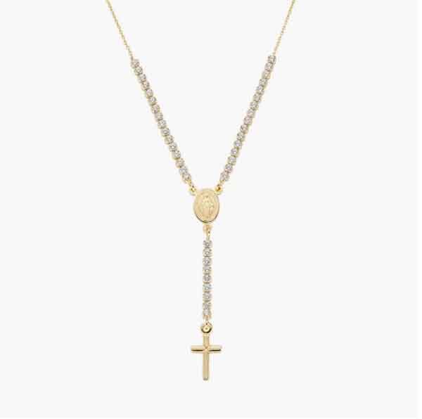 Collar rosario dorado con circonitas blancas y cruz – Plata de ley Collar rosario dorado de plata de ley con circonitas blancas, medalla central y cruz colgante