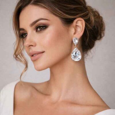 Modelo con pendientes lágrima cristal transparente brillante para novia o invitada