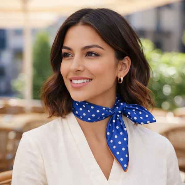 Pañuelo azul de lunares blancos al cuello con lazada lateral