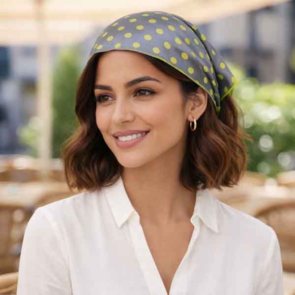 Pañuelo de lunares gris y verde colocado en la cabeza tipo bandana