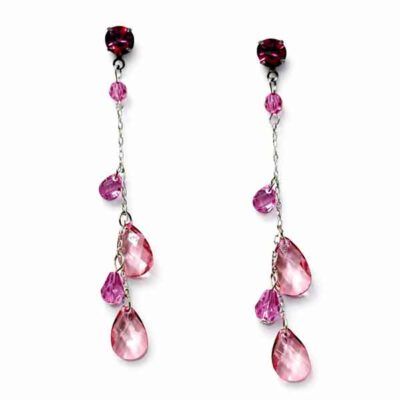 Pendientes cristal rosa largos Cascada Rubí con cabezal fucsia y caída en cascada
