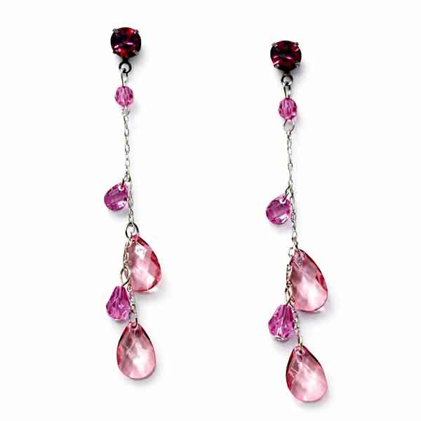 Pendientes cristal rosa largos Cascada Rubí con cabezal fucsia y caída en cascada