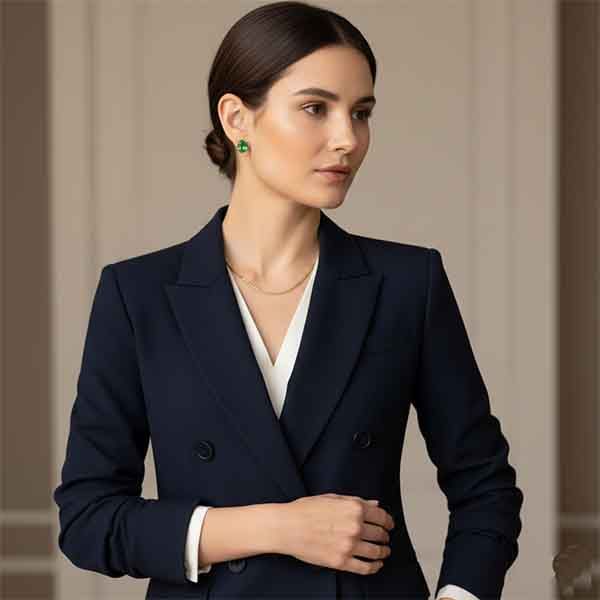 Pendientes Lia verdes chapados en oro puestos en modelo con blazer