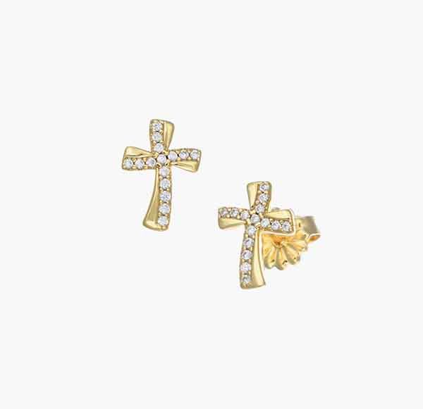 Pendientes de cruz ondulada con circonitas blancas Pendientes cruz ondulada con circonitas blancas bañados en oro
