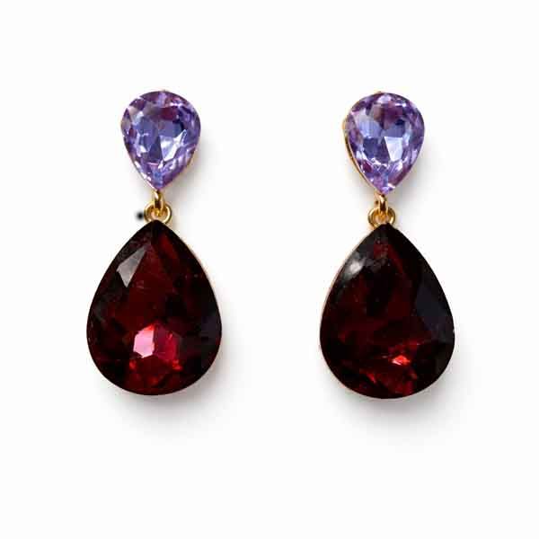 Pendientes lágrima cristal rojo granate y lila con montura dorada