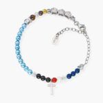 Pulsera Vida de Jesús en plata de ley con perlas multicolor y cruz