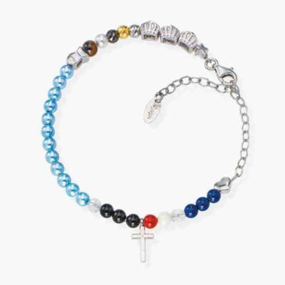 Pulsera Vida de Jesús en plata de ley con perlas multicolor y cruz