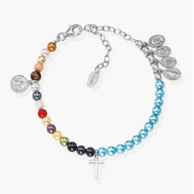 Pulsera Vida de María en plata de ley con perlas multicolor y símbolos marianos