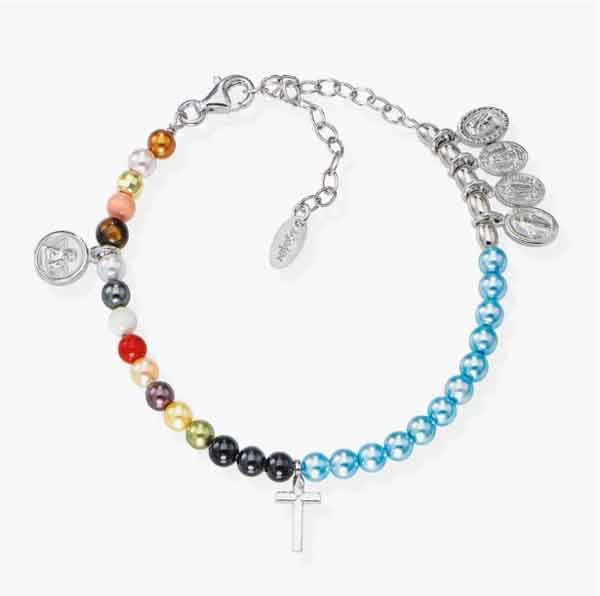 Pulsera Vida de María con perlas multicolor en plata de ley Pulsera Vida de María en plata de ley con perlas multicolor y símbolos marianos
