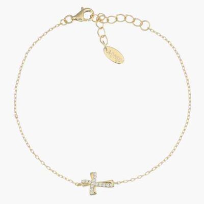 Pulsera cruz ondulada con circonitas blancas bañada en oro