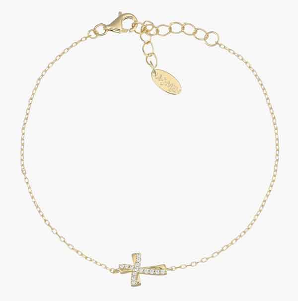 Pulsera cruz ondulada con circonitas blancas bañada en oro