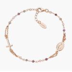 Pulsera rosario de plata bañada en oro rosa con cristales multicolores y medalla Virgen Milagrosa