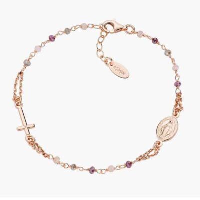 Pulsera rosario de plata bañada en oro rosa con cristales multicolores y medalla Virgen Milagrosa