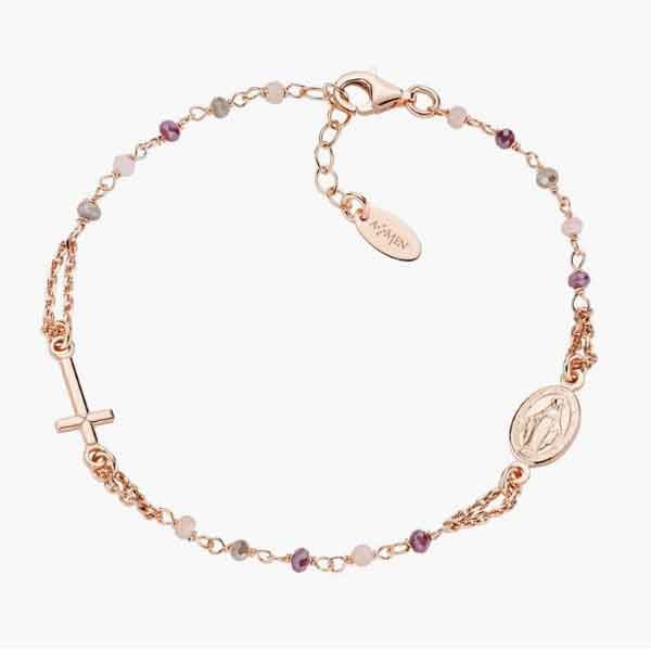 Pulsera rosario de plata bañada en oro rosa con cristales multicolores y medalla Virgen Milagrosa