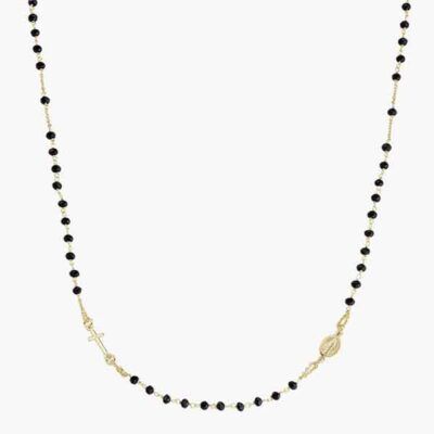 Rosario dorado con cristal negro de AMEN en plata de ley con cruz y medalla milagrosa