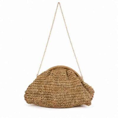 Bolso Positano camel de rafia con cadena dorada estilo verano