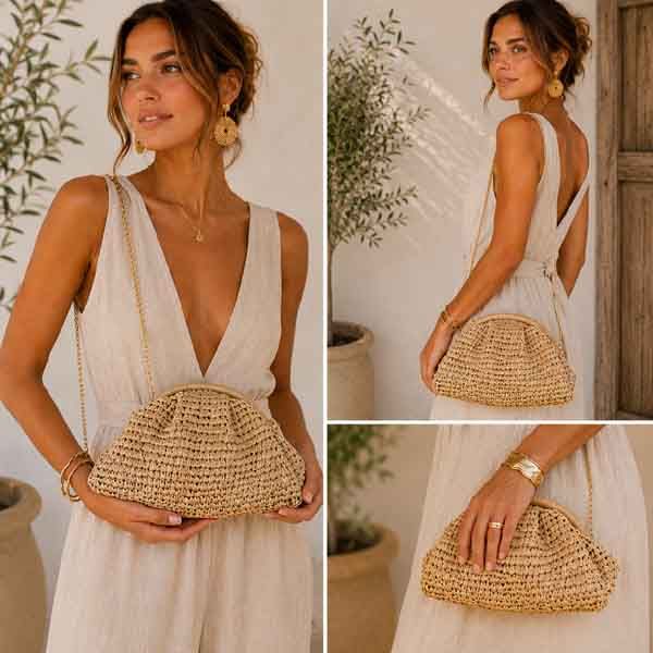 Modelo con bolso Positano de rafia natural en look mediterráneo de verano