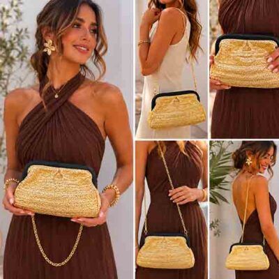 Modelo llevando el clutch Riviera Dorado con cadena dorada y vestido elegante marrón