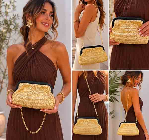 Modelo llevando el clutch Riviera Dorado con cadena dorada y vestido elegante marrón